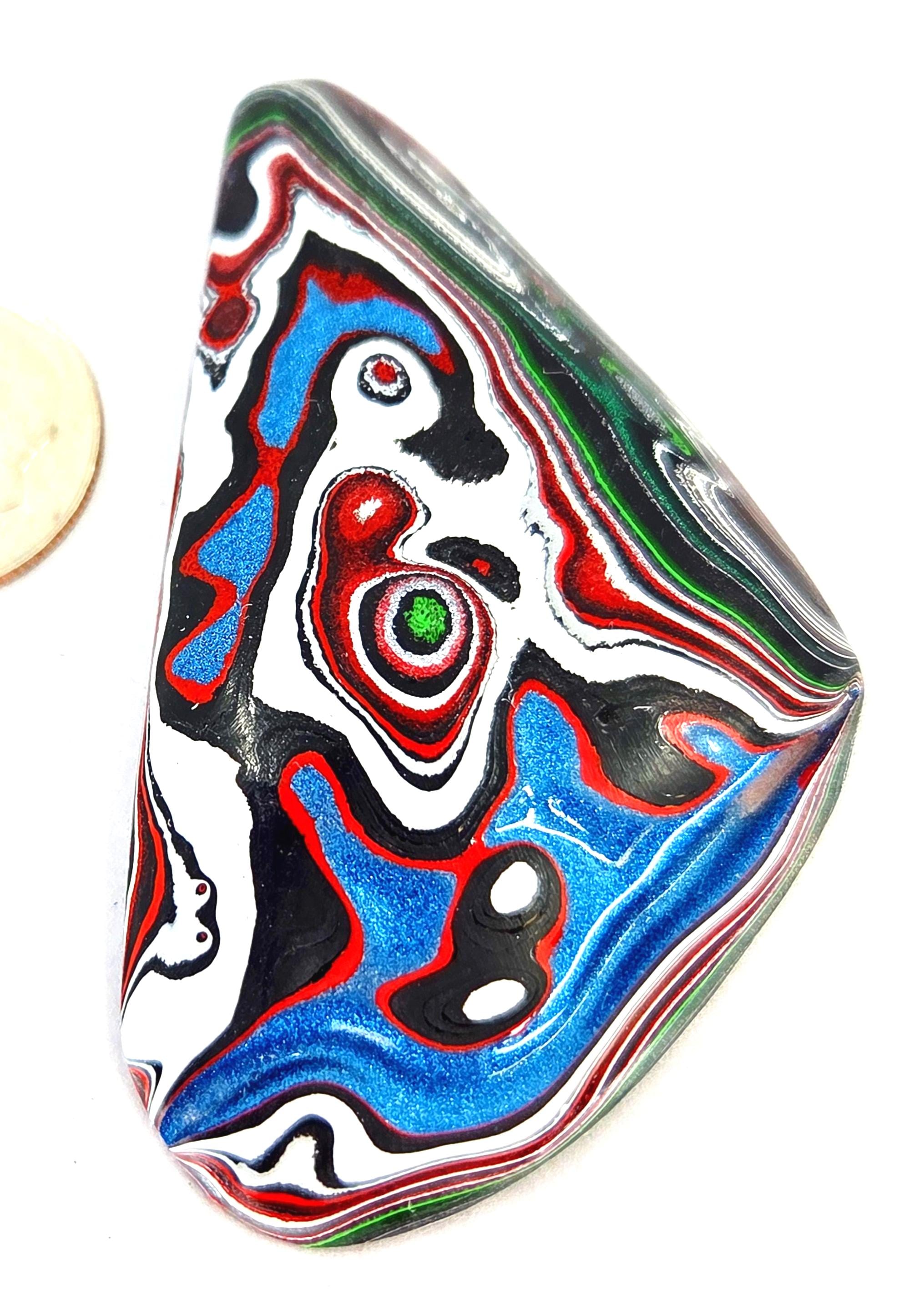 Kenworth Fordite Cabochon #2, Metallic Blue, Neon Green, Bulls Eye Layers (Jewelry Making) Handmade