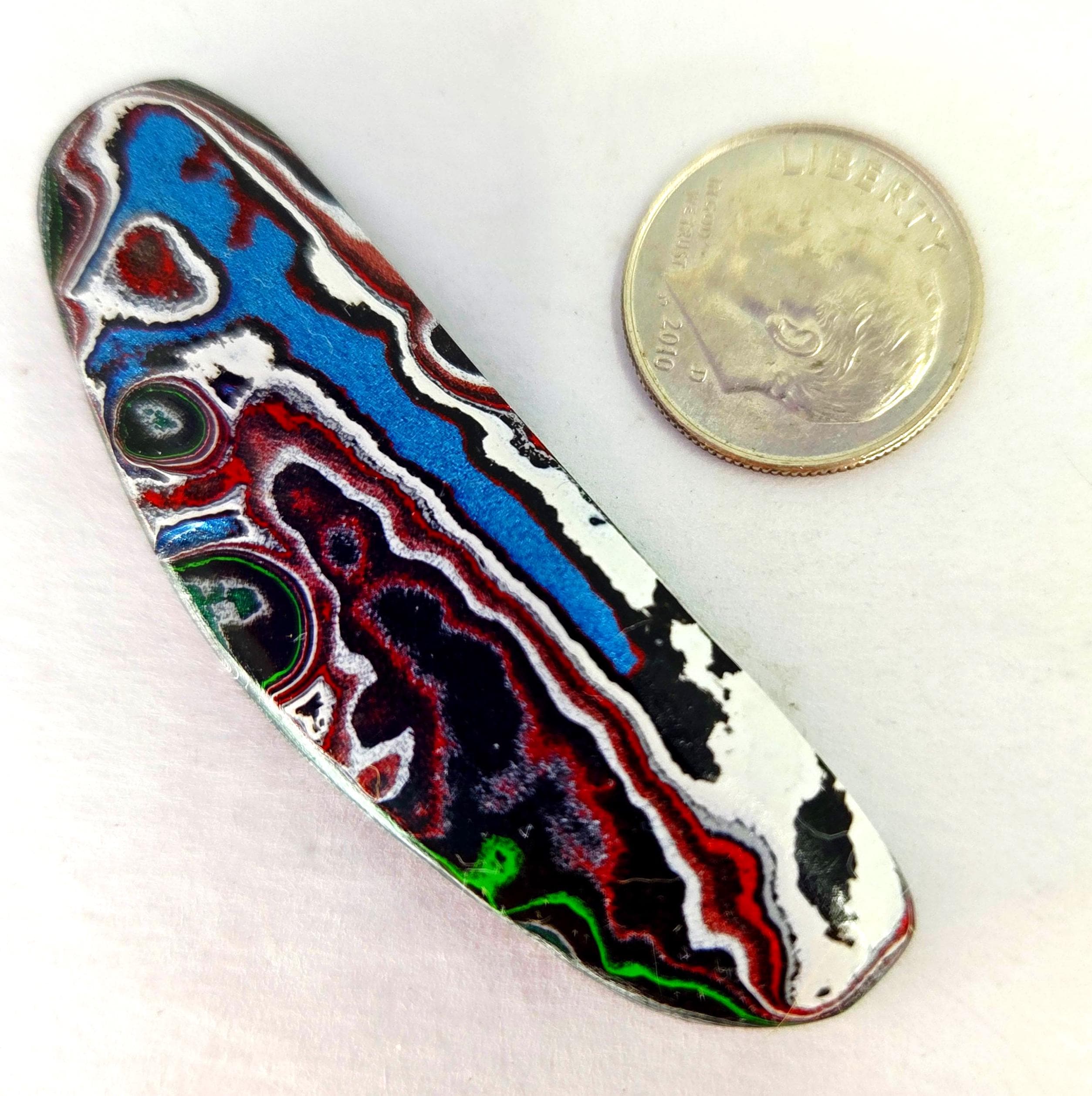 Kenworth Fordite Cabochon #3, Metallic Blue, Neon Green, Visible Layers, Jewelry Making