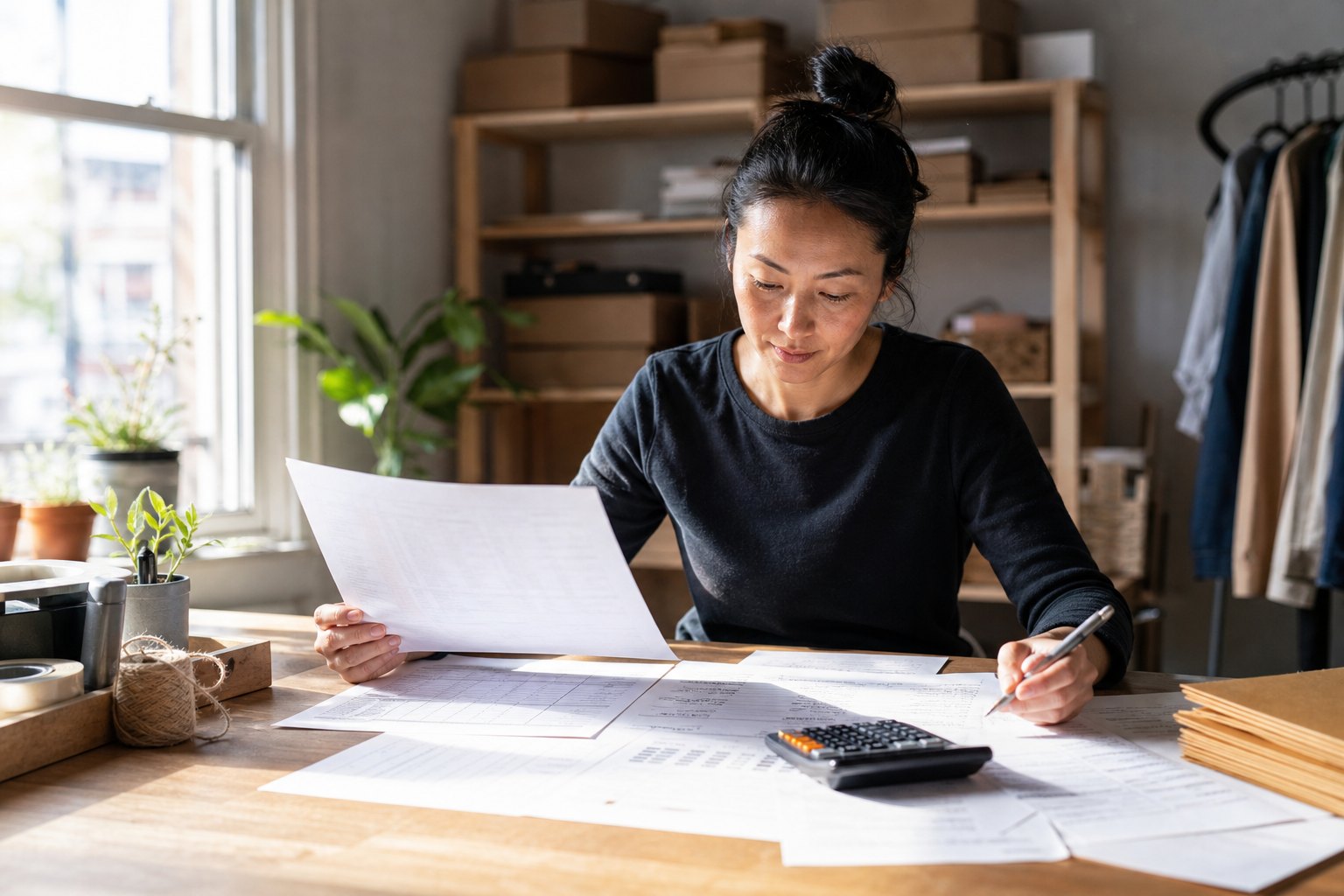 Business owner reviewing financial records at a worktable