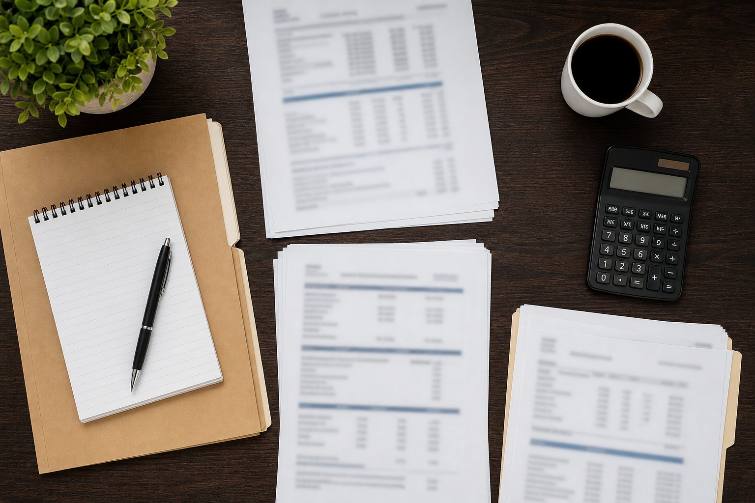 Organized business records, a calculator, and a notebook on a desk