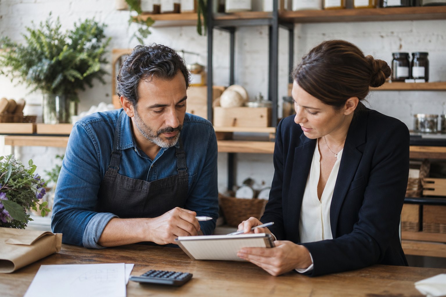 Business owner and adviser reviewing a budget together
