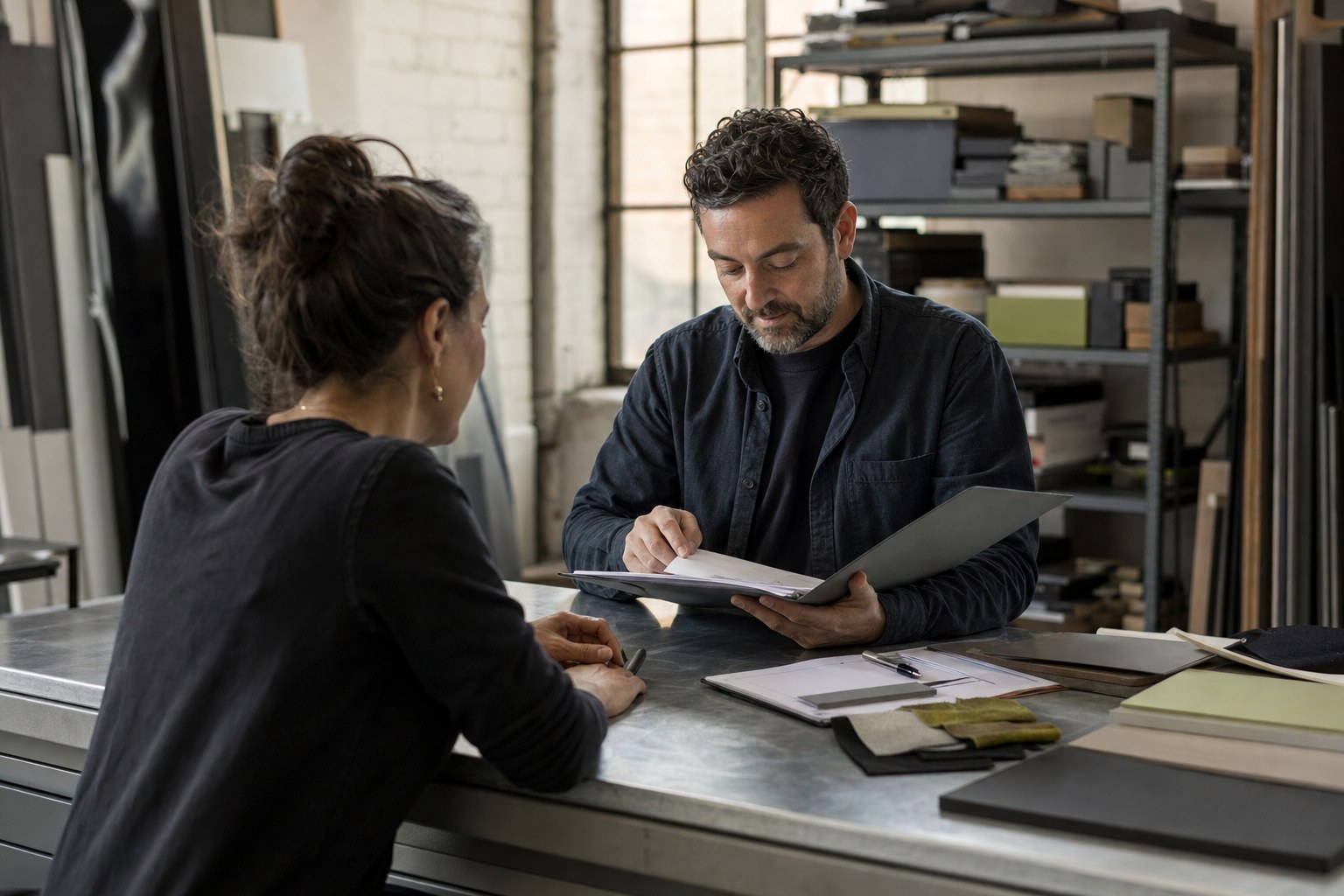 Business owners reviewing plans together in a workshop office