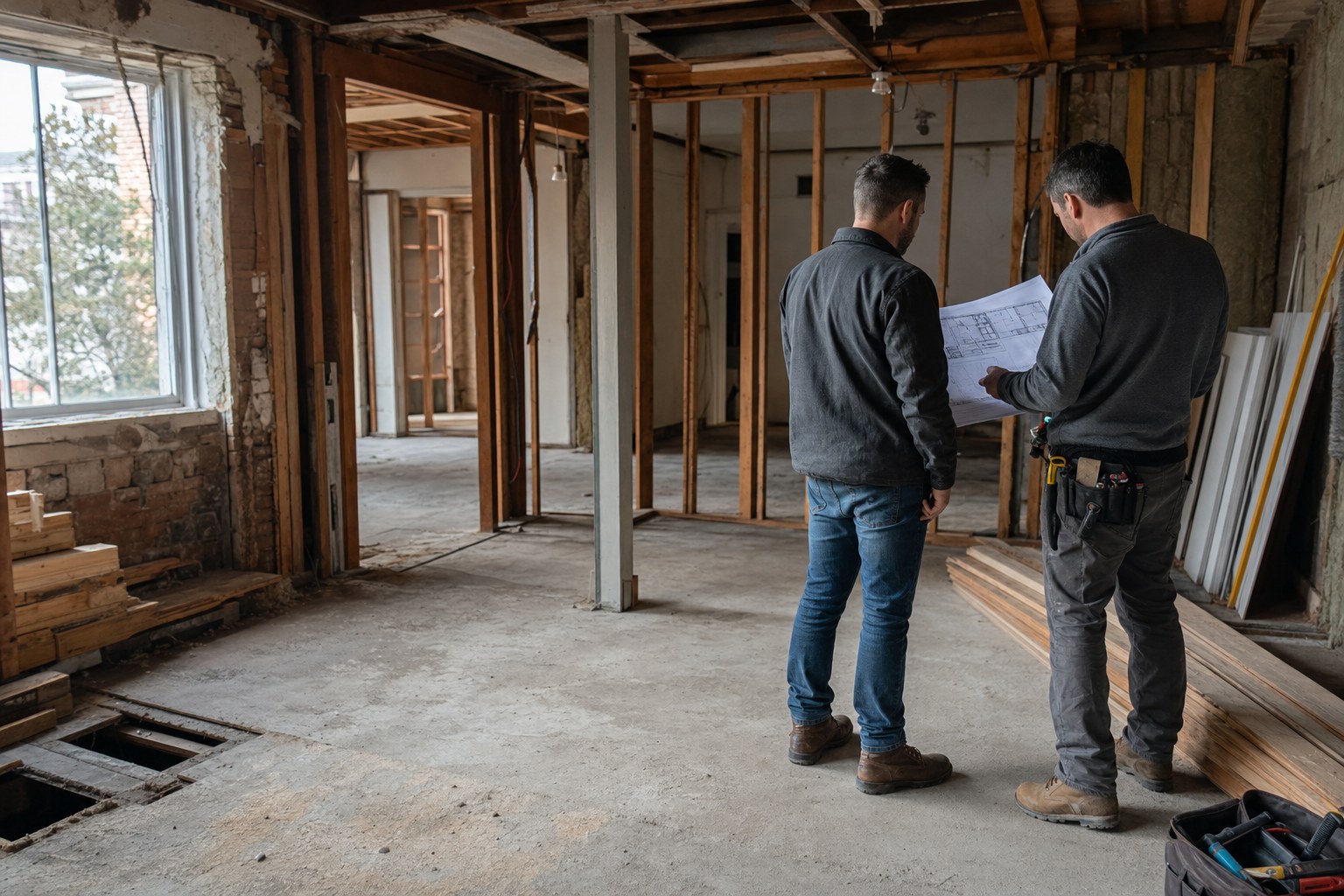 Two people reviewing floor plans inside a residential renovation project