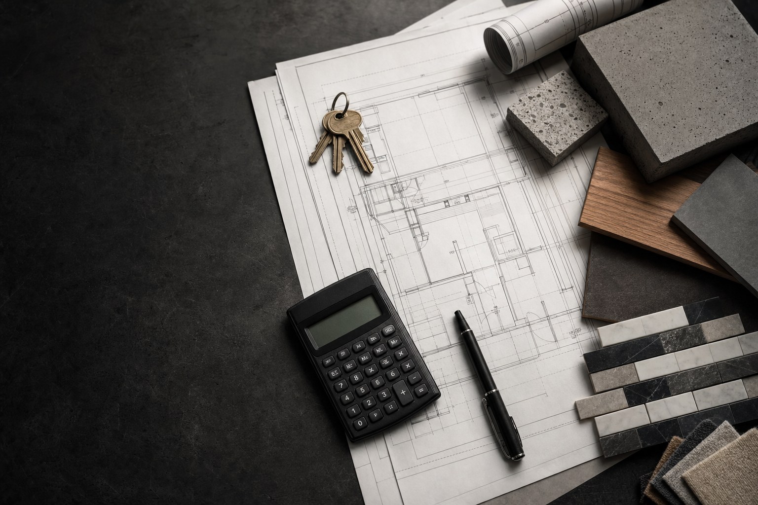 Architectural plans, calculator, keys, and building materials laid out for a property project