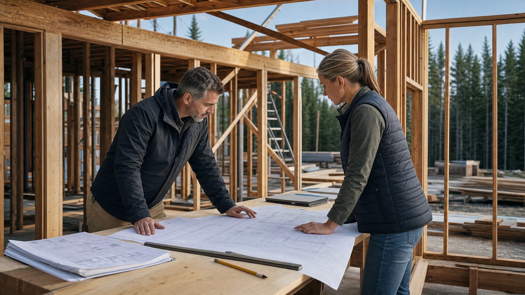 Two property professionals reviewing building plans inside a framed construction project