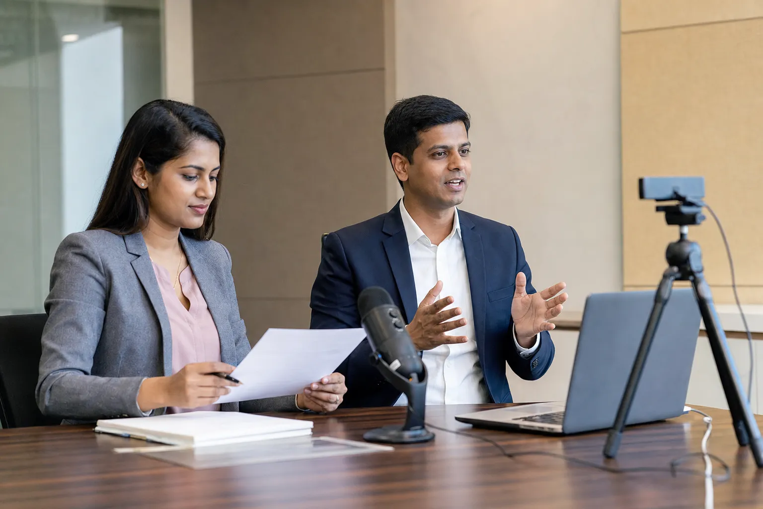Two presenters rehearsing an online town hall