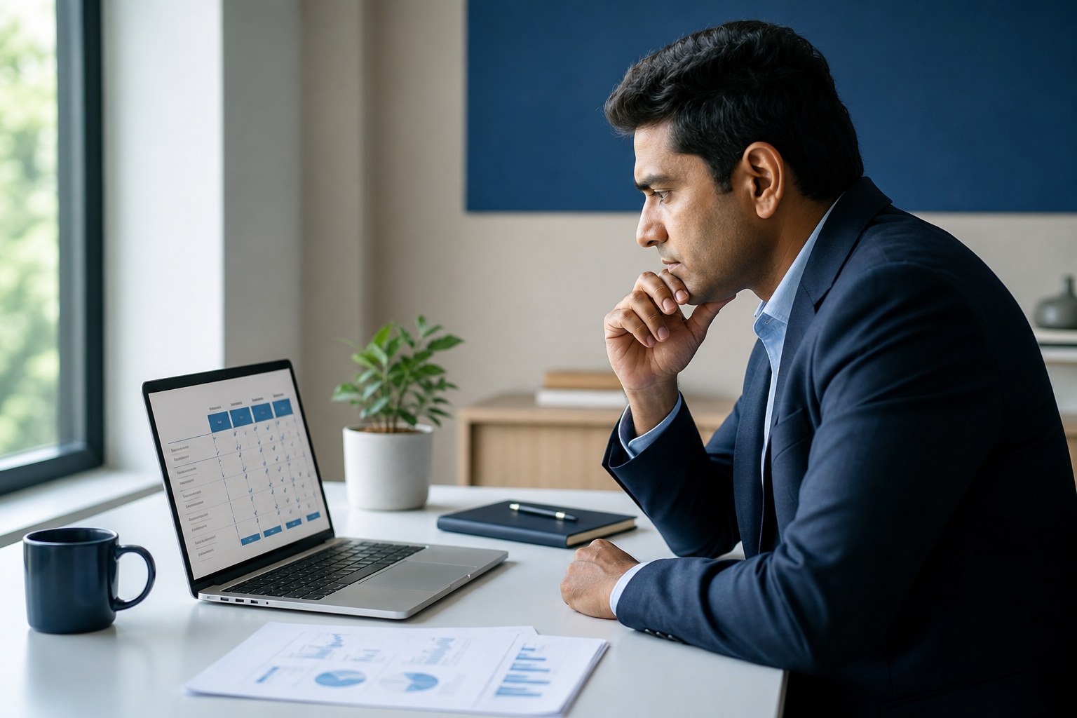 Professional reviewing video meeting plan terms at a laptop
