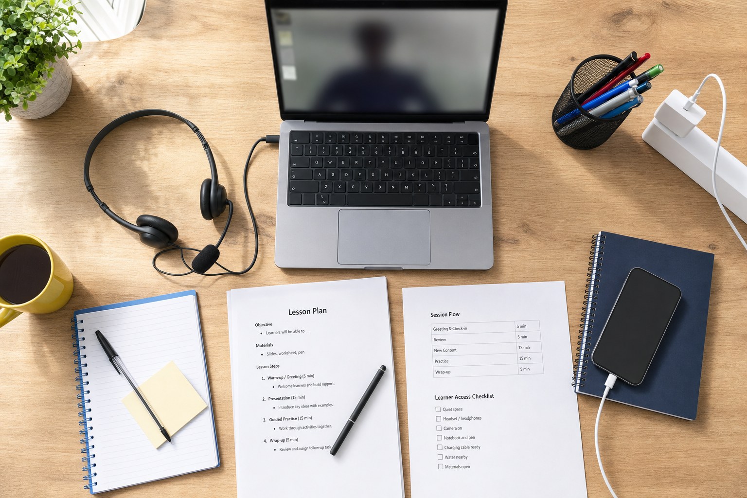 Laptop, headset and teaching materials arranged for an online lesson