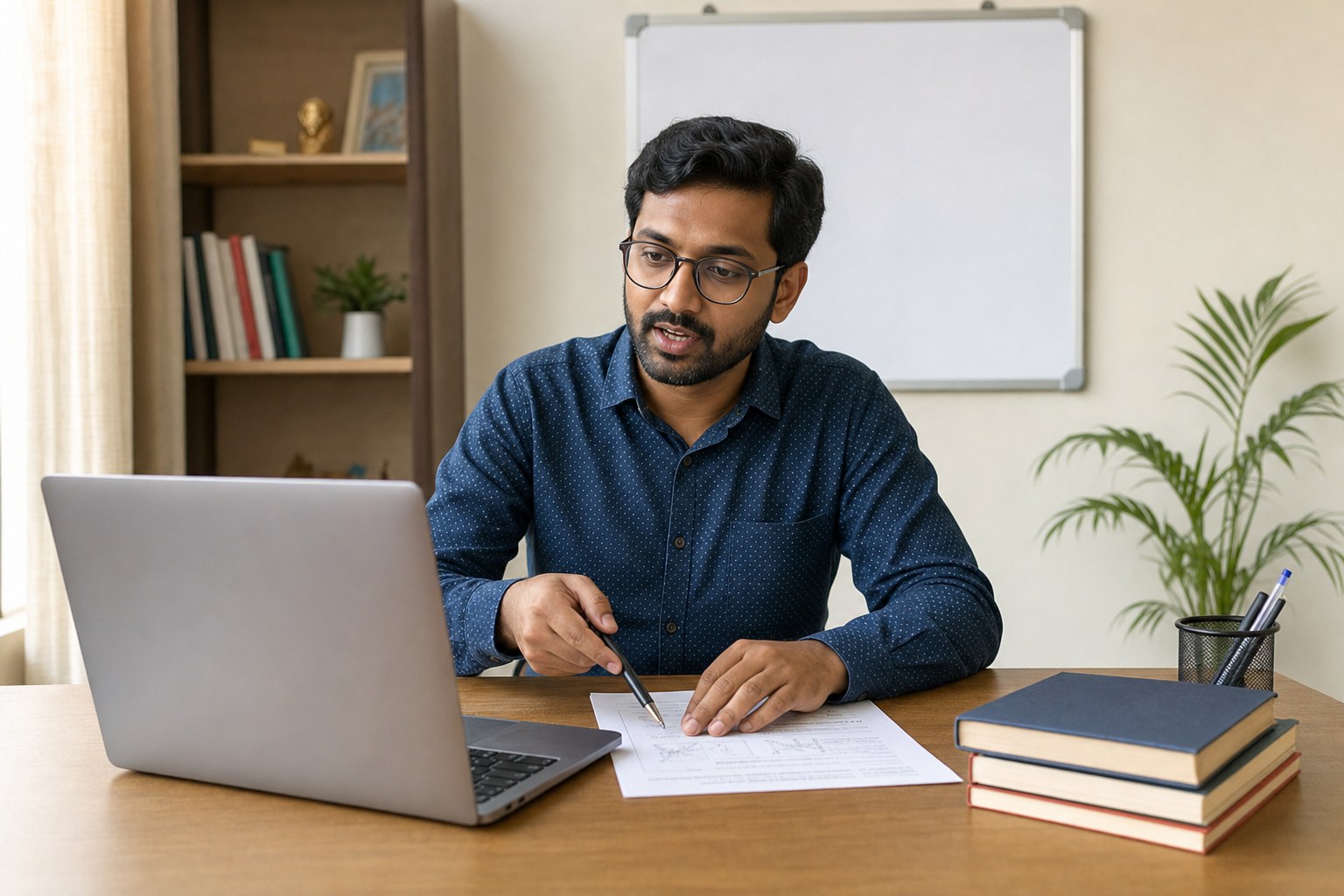 Tutor preparing a worksheet beside a laptop before a live online lesson