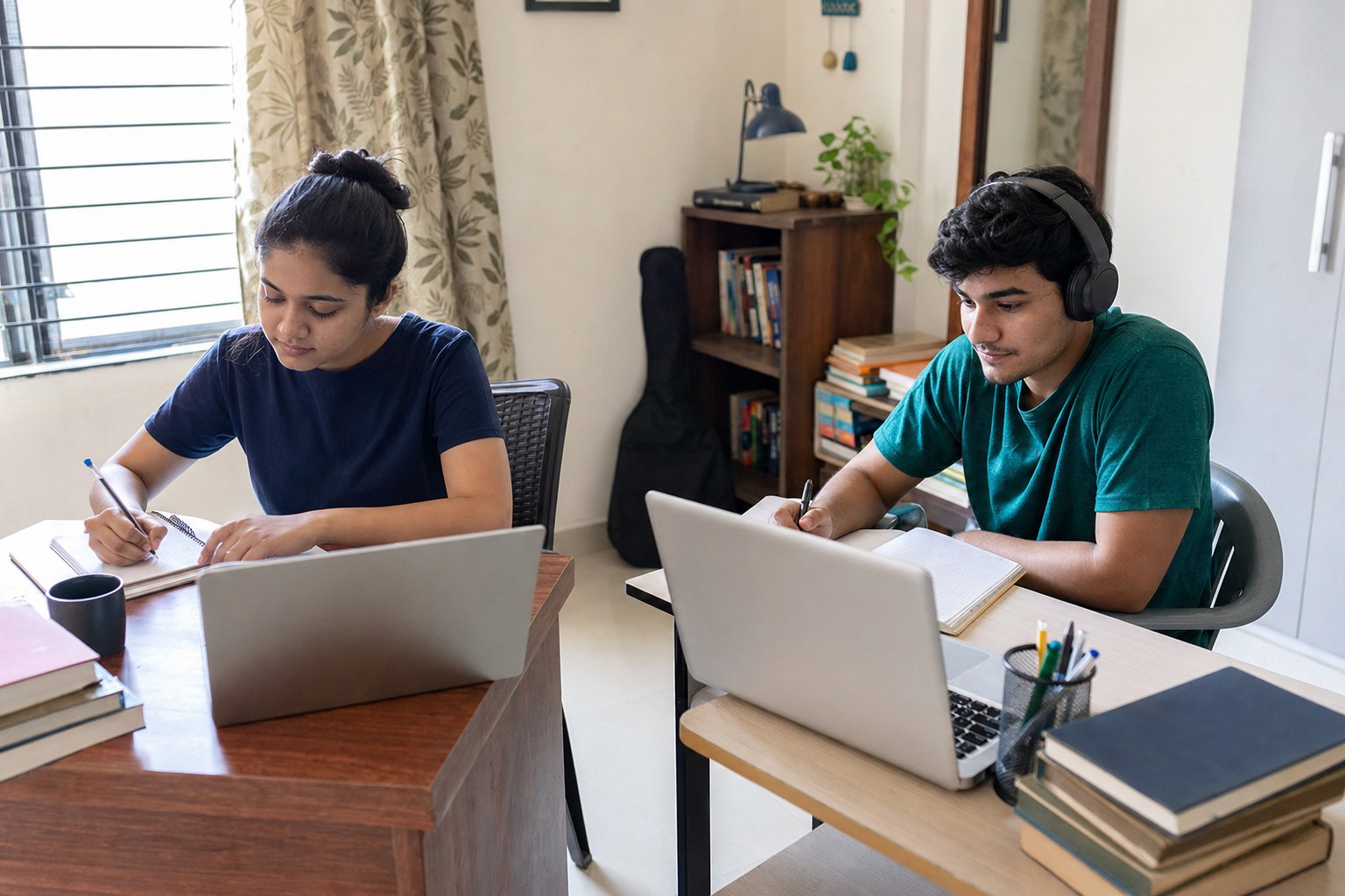 Two learners participating in an online class from home with laptops and notebooks