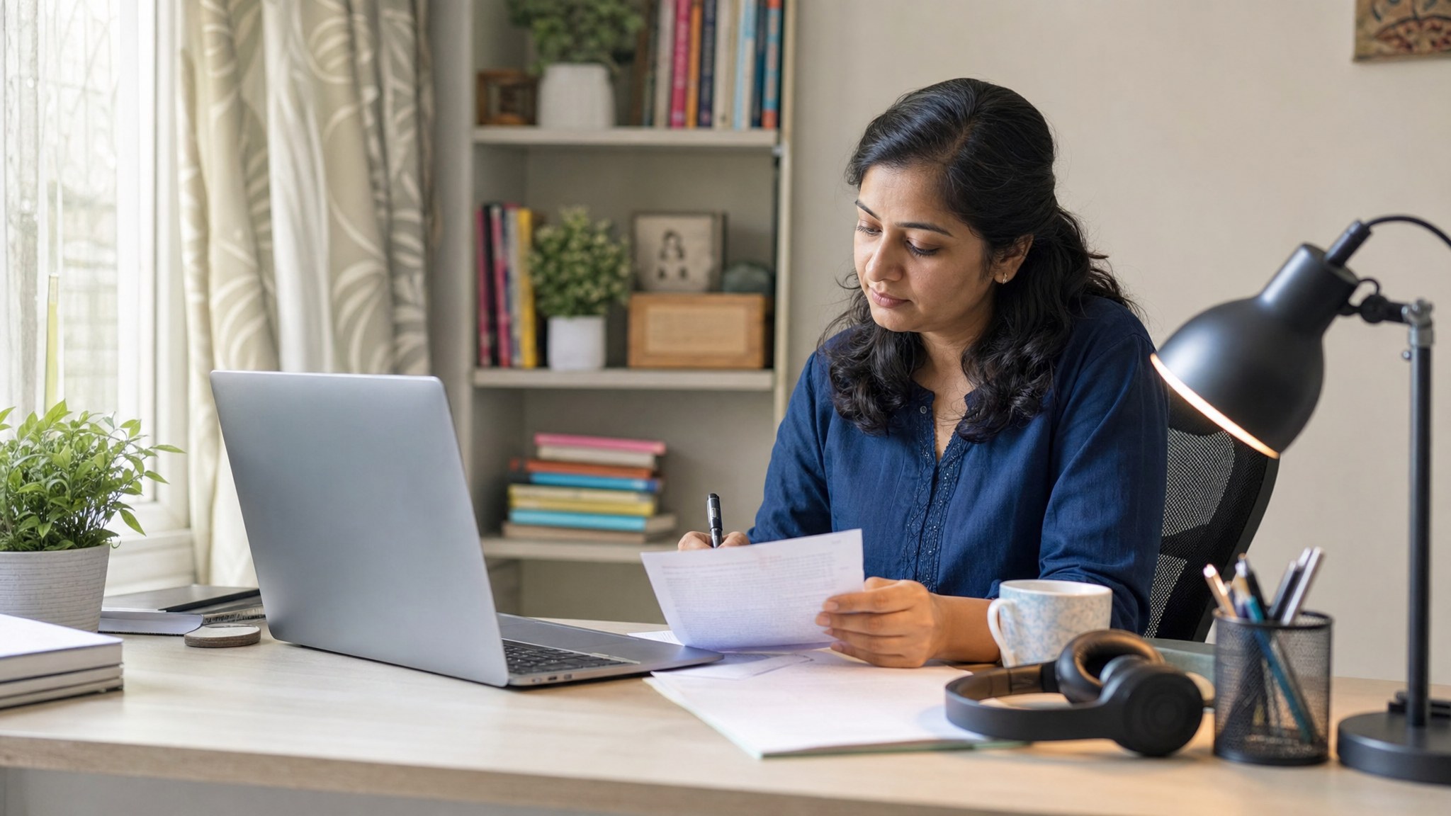 Educator preparing an online lesson at a desk with a laptop and lesson notes