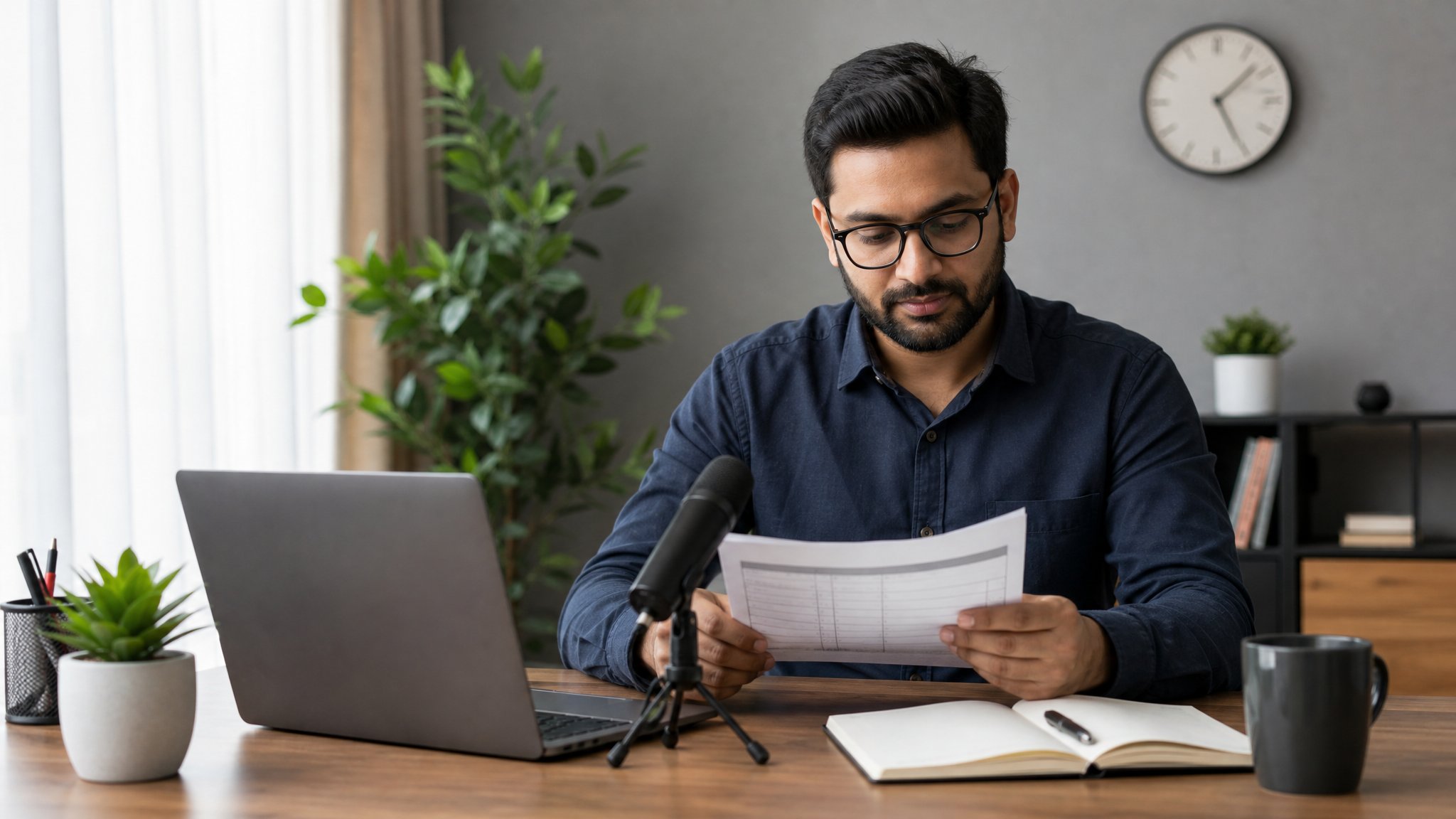 Webinar host reviewing an event run sheet at a desk