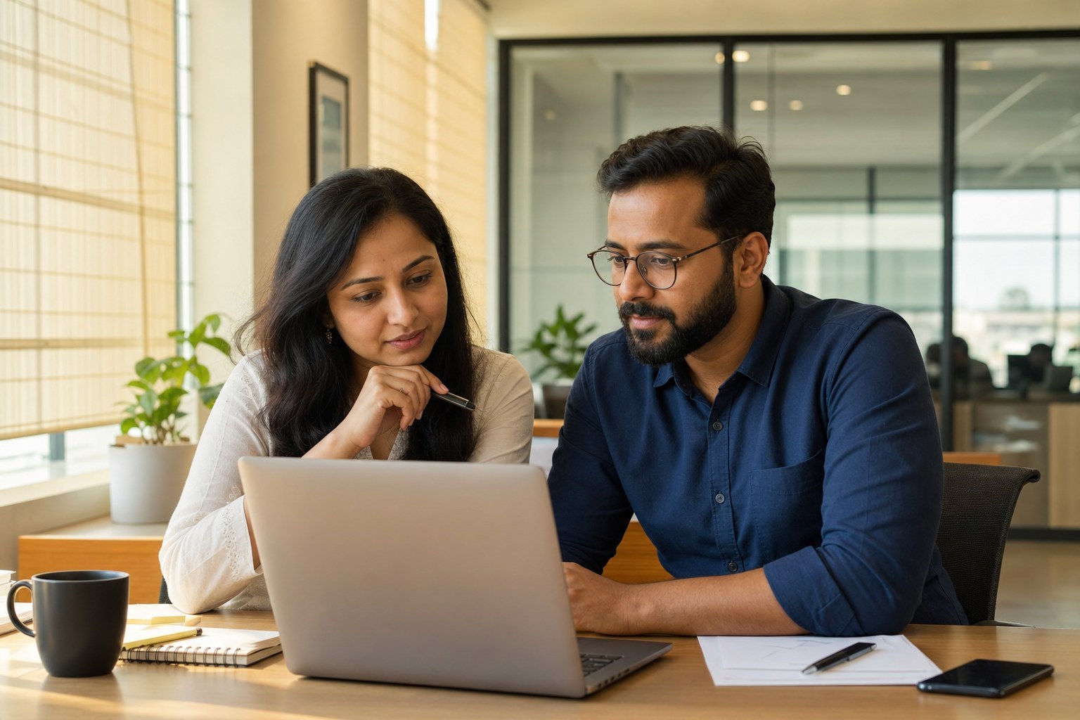 Two colleagues reviewing webinar audience questions together