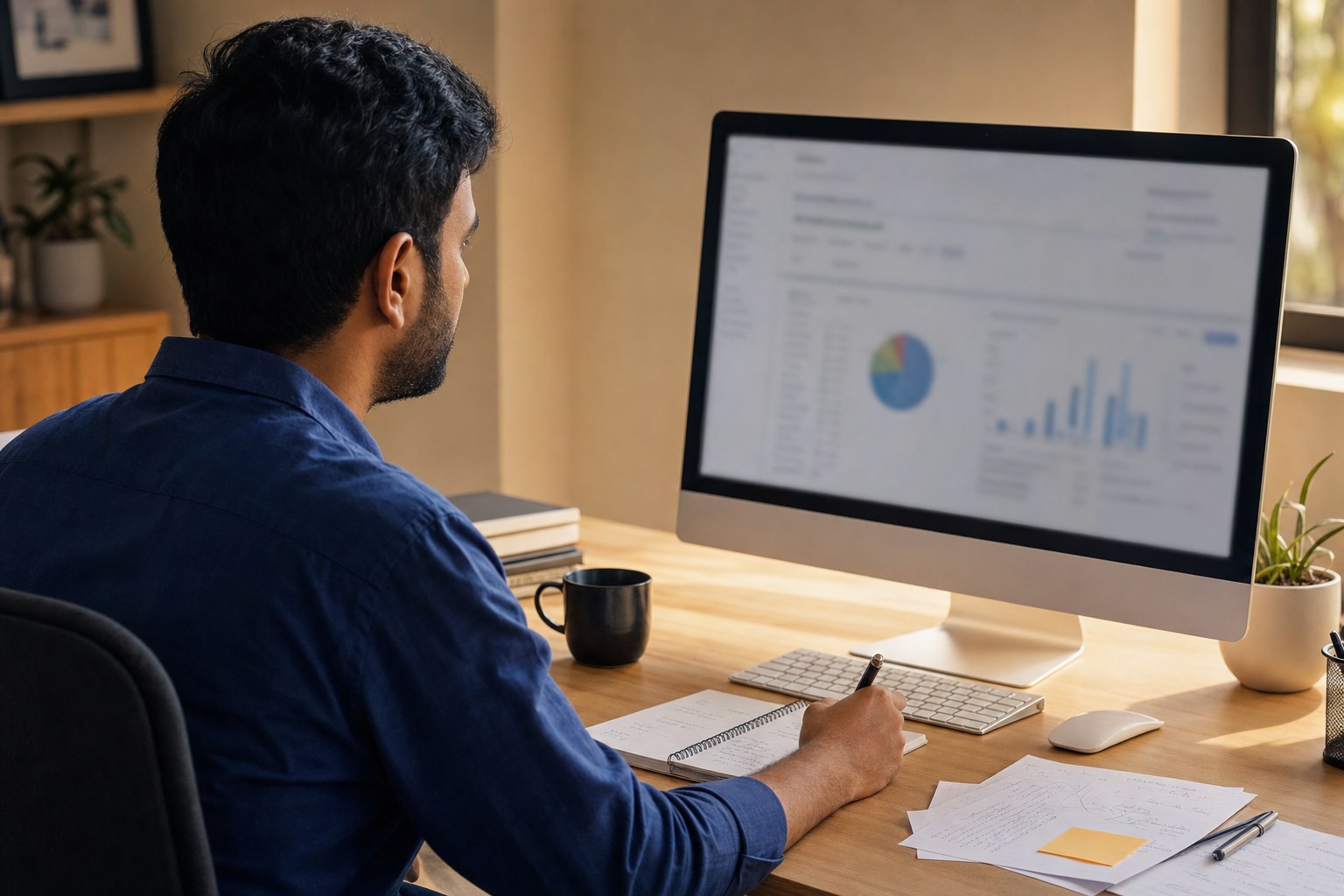 Professional reviewing webinar follow-up performance at a desktop computer