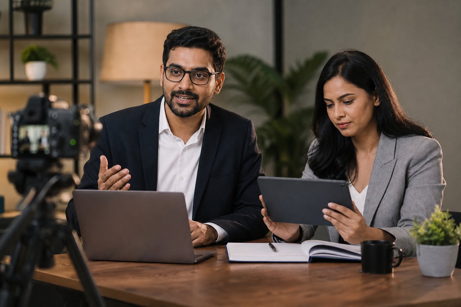 Webinar presenter and moderator working together during a live event