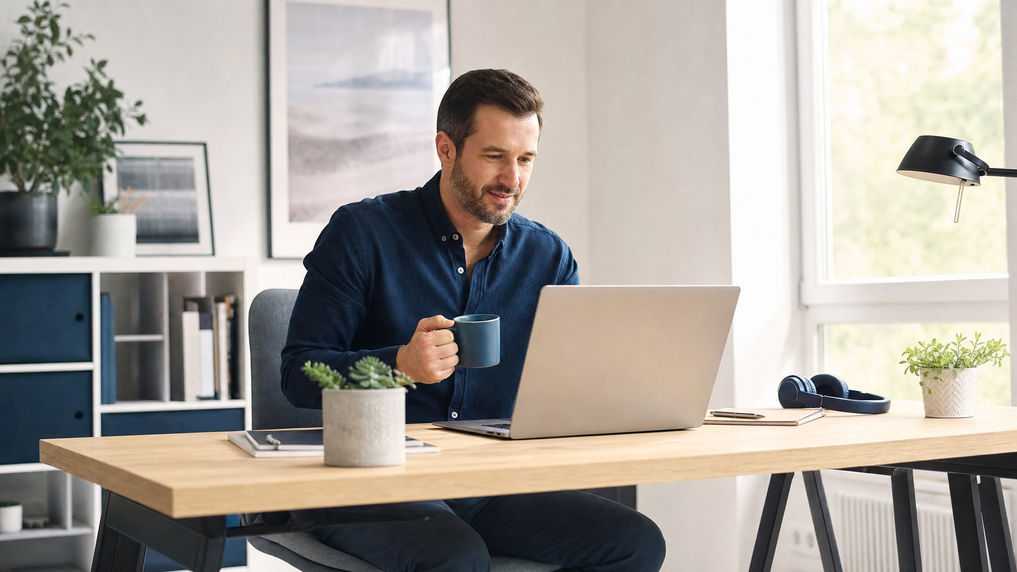 Professional checking webinar confirmation details on a laptop before an online event