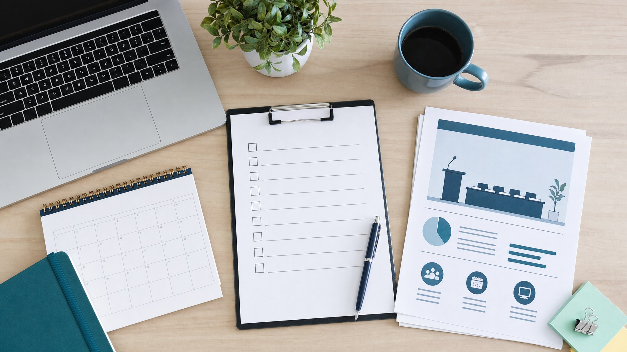 Webinar planning materials with a checklist, calendar and laptop on a desk