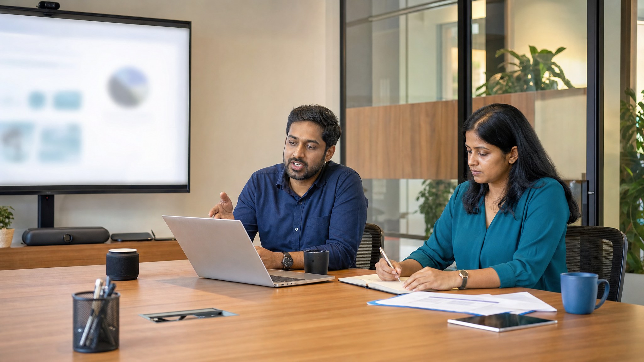 Two colleagues rehearsing a webinar presentation in a meeting room