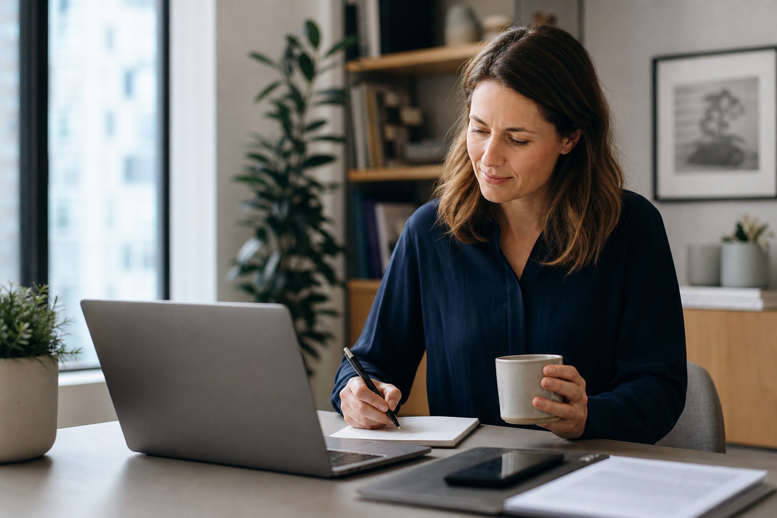 Webinar organiser reviewing follow-up notes beside a laptop