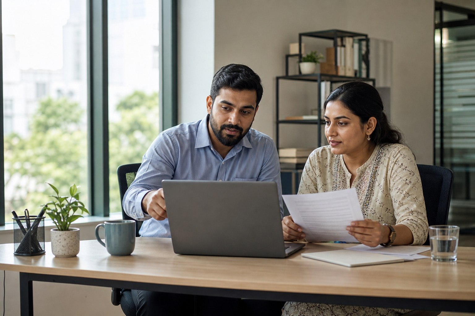 Two colleagues reviewing webinar notes before a live online event