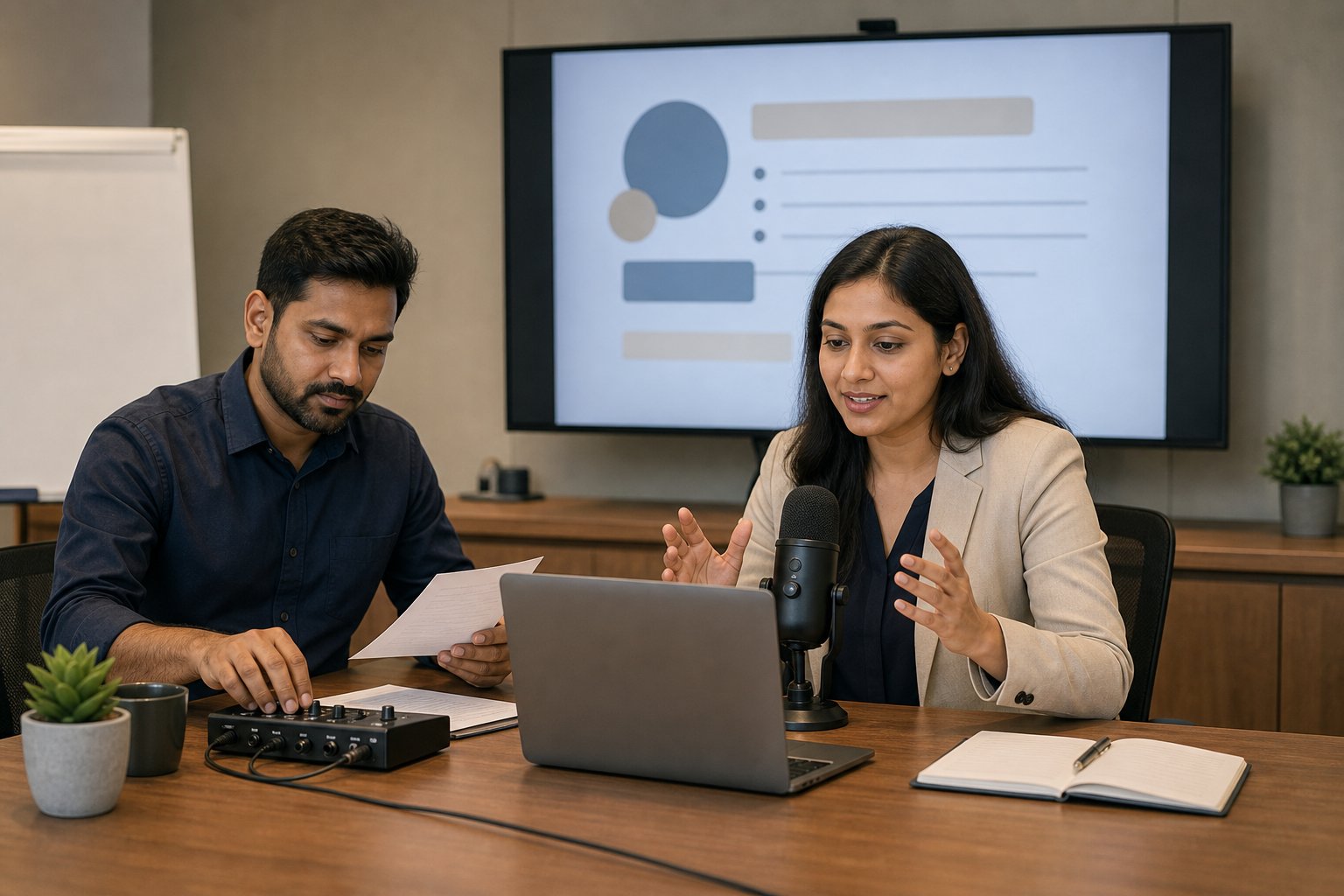 Presenter and producer rehearsing a webinar setup