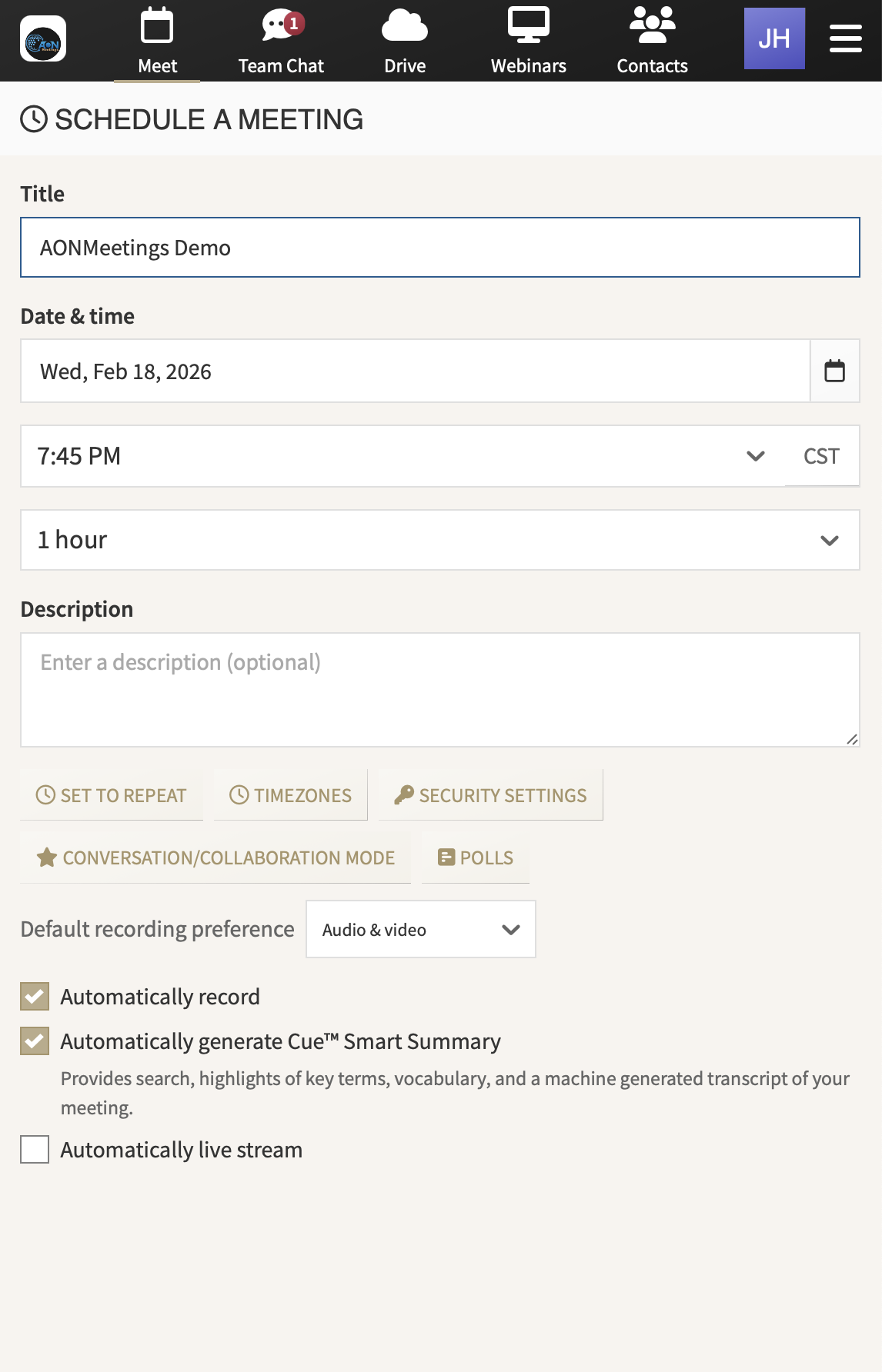 AONMeetings meeting scheduling interface