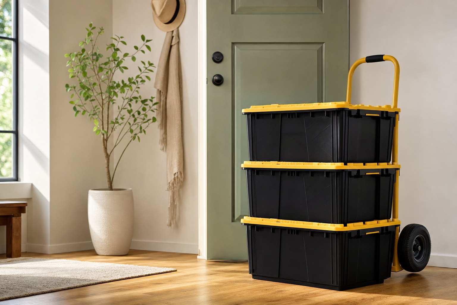 Reusable black and yellow moving crates stacked by an apartment door