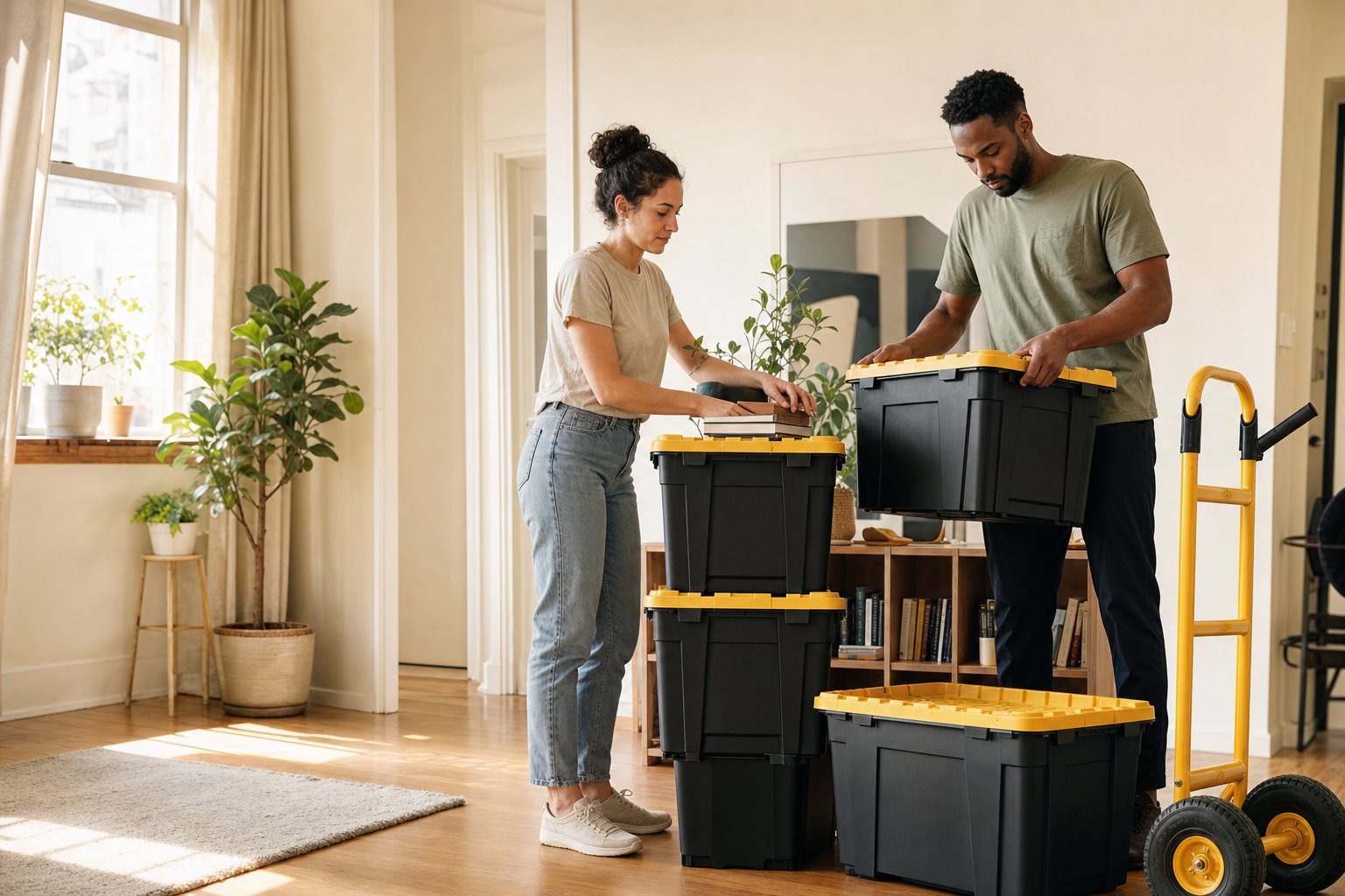 Two people packing reusable black and yellow moving crates in a bright apartment