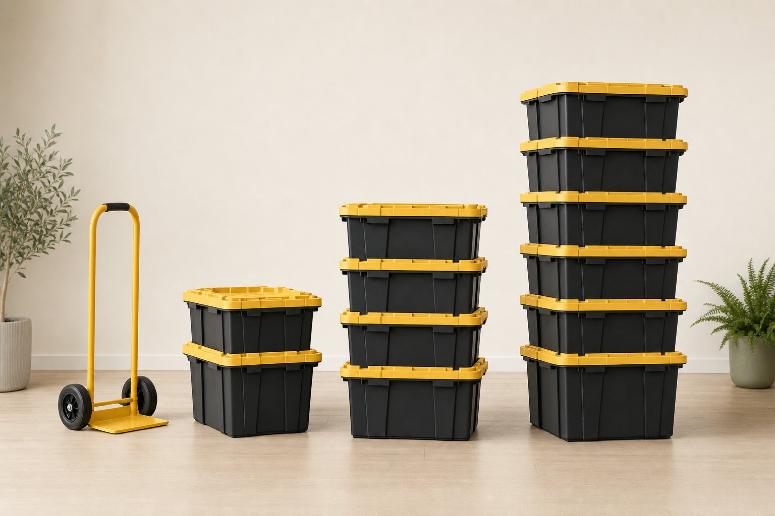 Three neatly arranged stacks of reusable moving crates and a yellow dolly