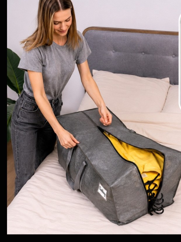 A woman packing clothes into a wardrobe bag