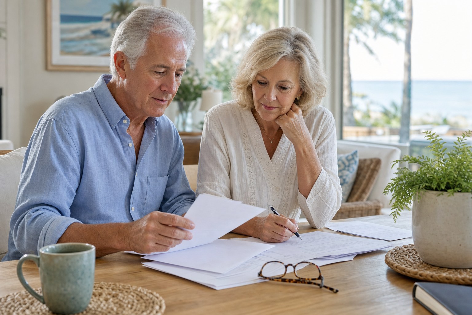 Older couple reviewing household documents together