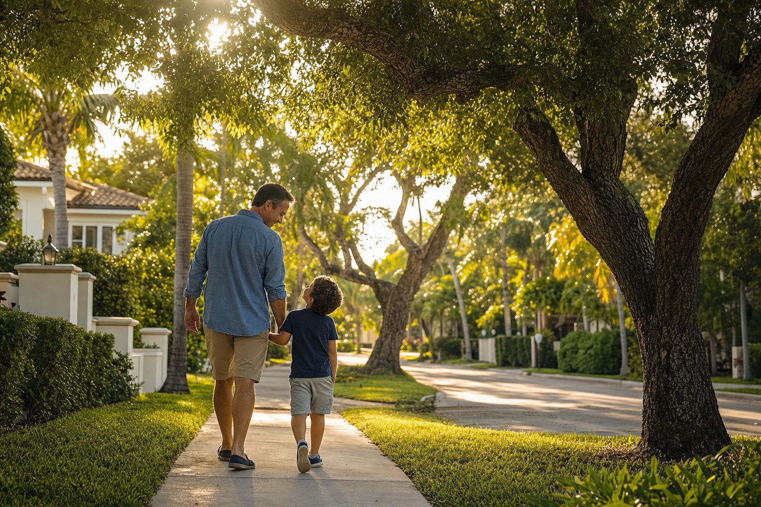 Parent walking with a child in a Florida neighborhood