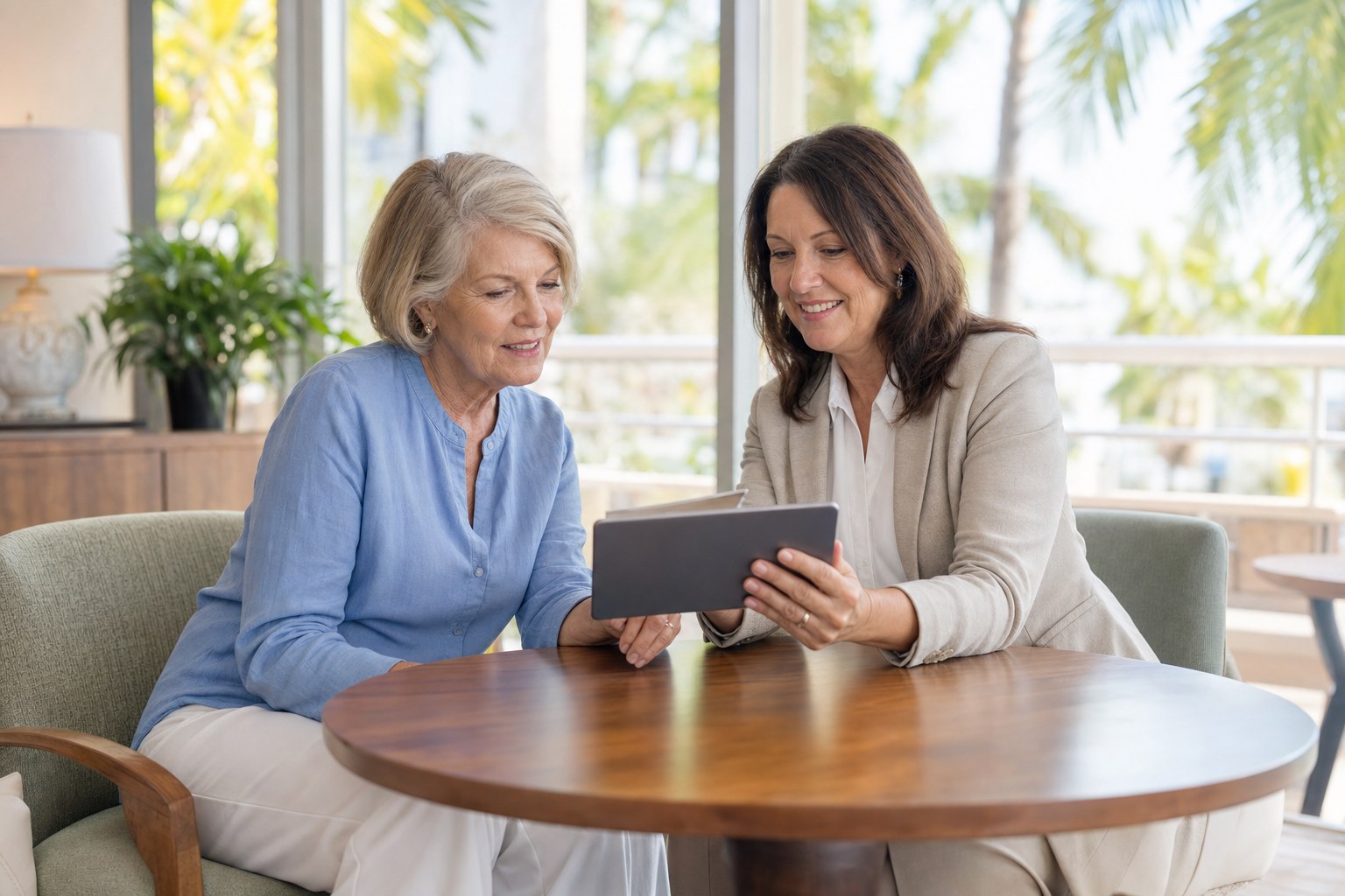 Two women discussing options together