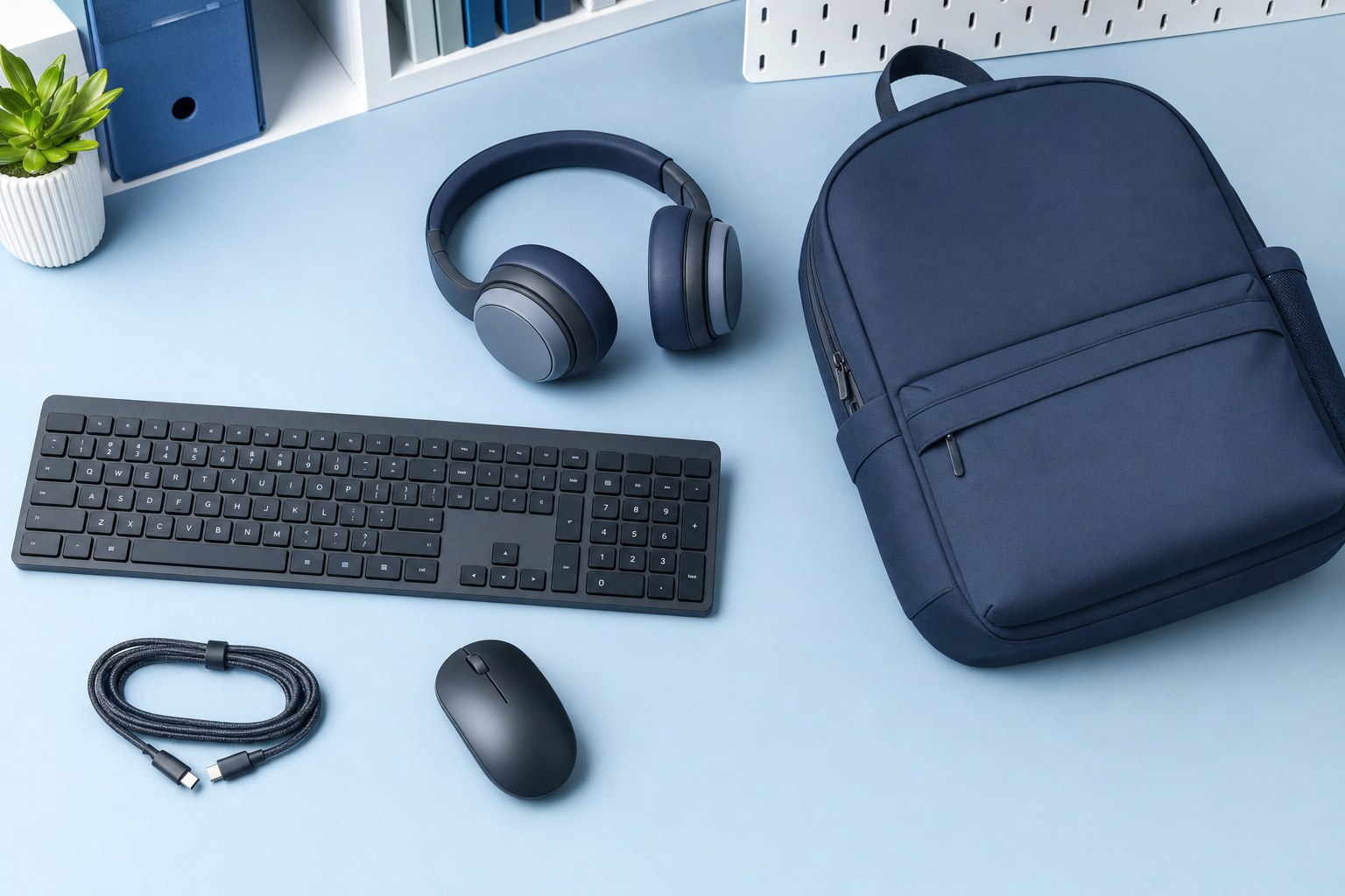 Keyboard, mouse, headphones and bag arranged on a blue work surface