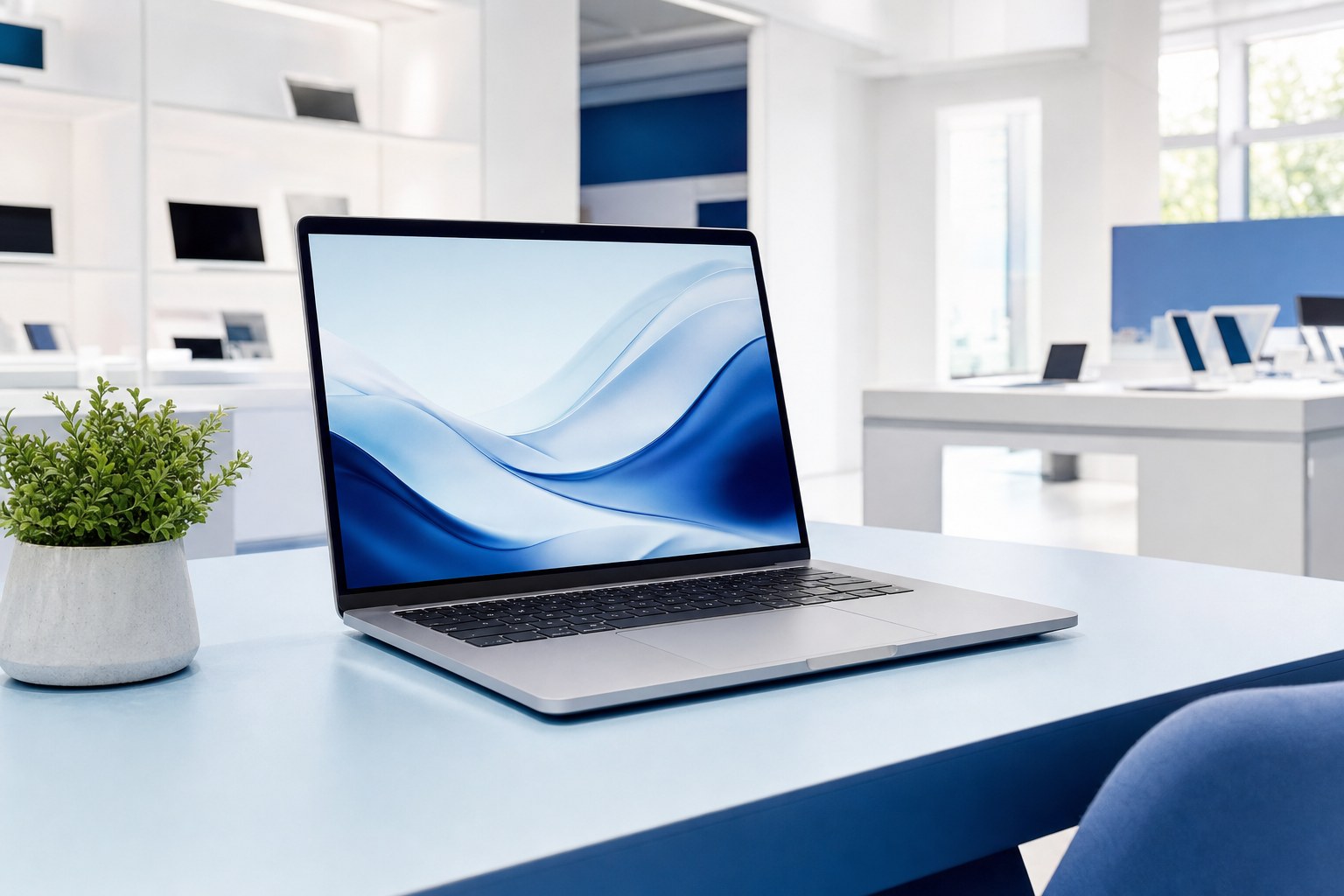 Modern laptop in a bright blue and white technology showroom