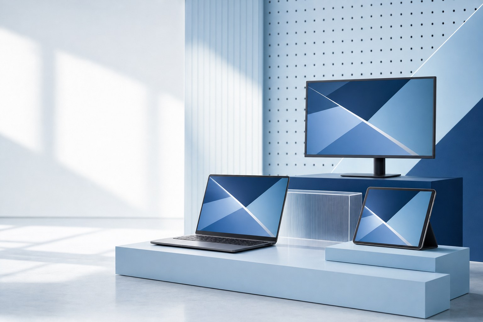 Computer, monitor and tablet displayed in a bright blue technology showroom