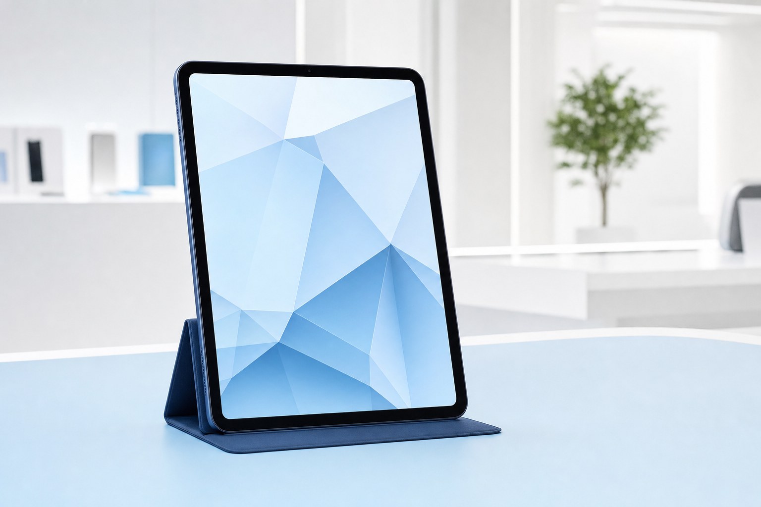 Tablet in a stand on a bright blue showroom table