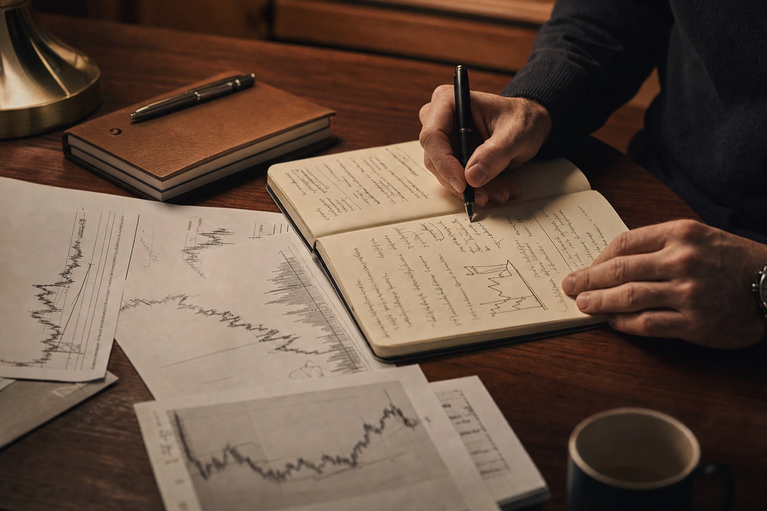 Hands writing notes beside market research
