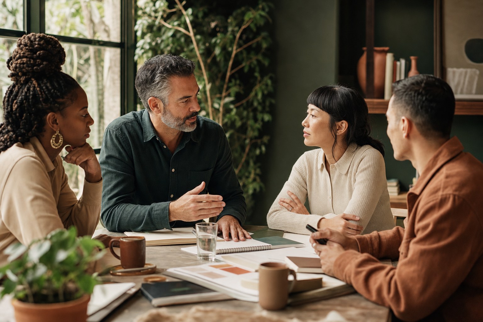 Three professionals in a strategy conversation