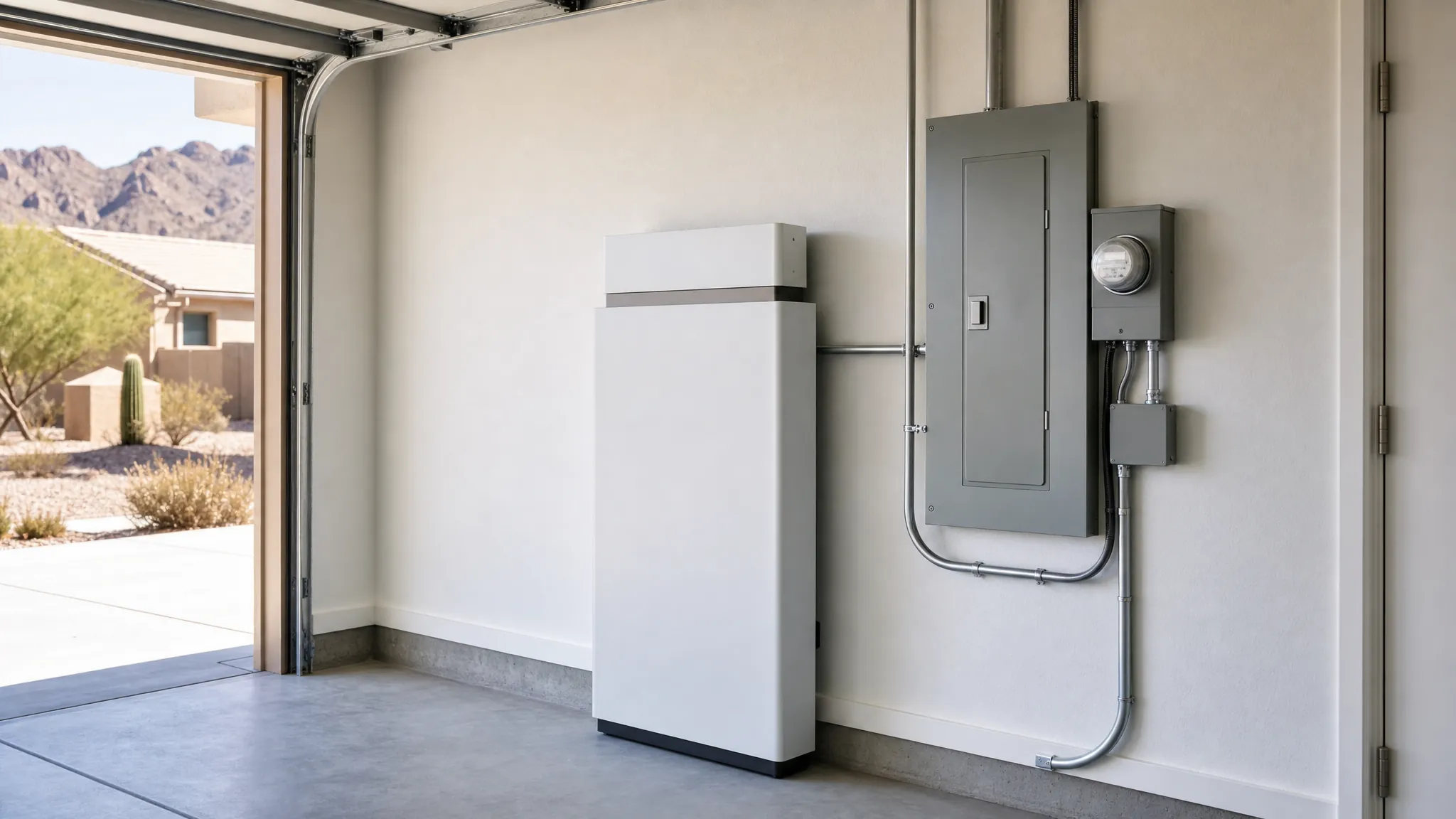 Unbranded home battery backup cabinet beside residential electrical equipment