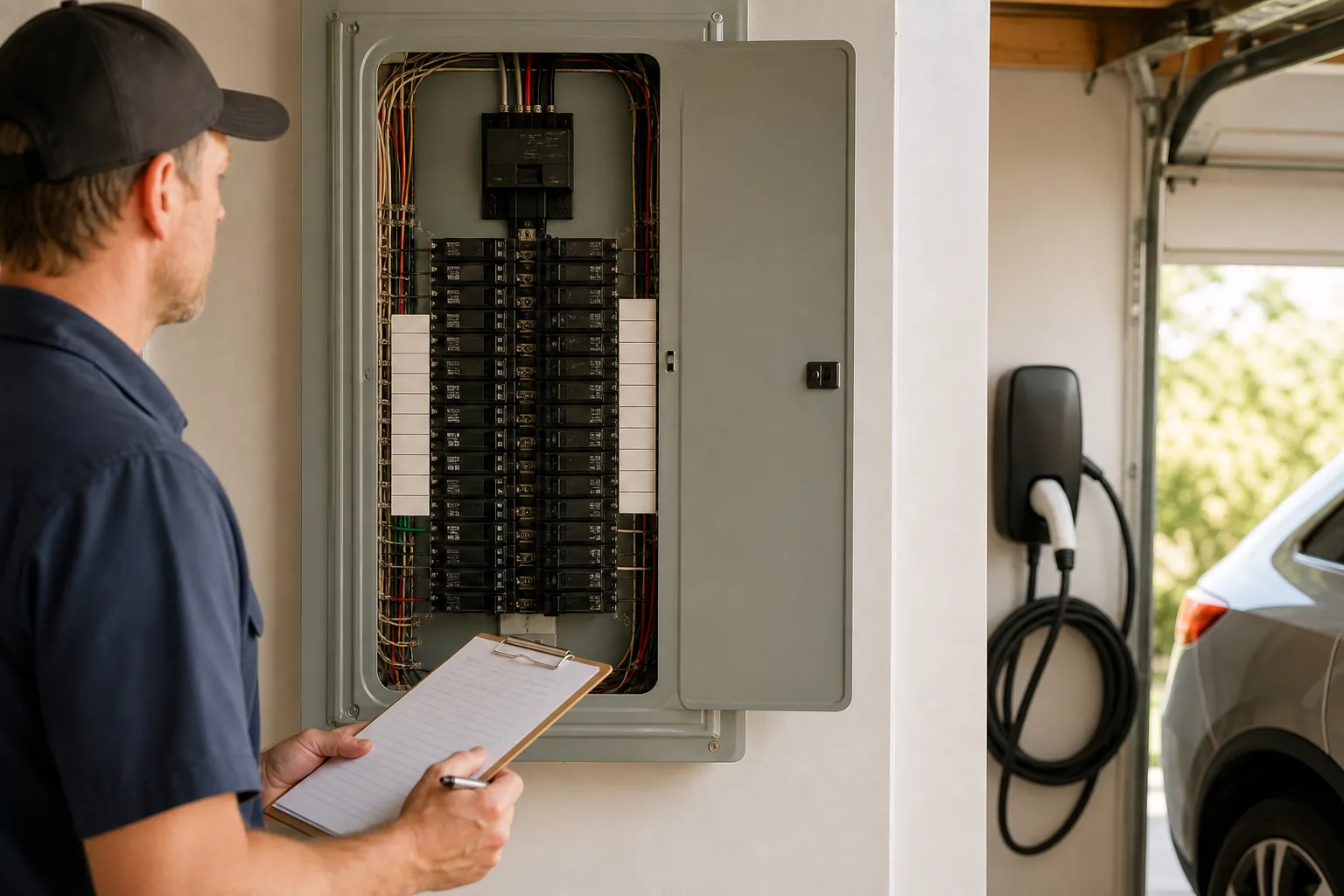 Electrician reviewing an open residential electrical panel beside an EV charger in a garage