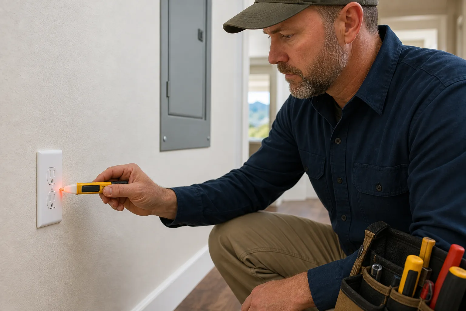 Electrician checking a residential outlet with a non-contact voltage tester