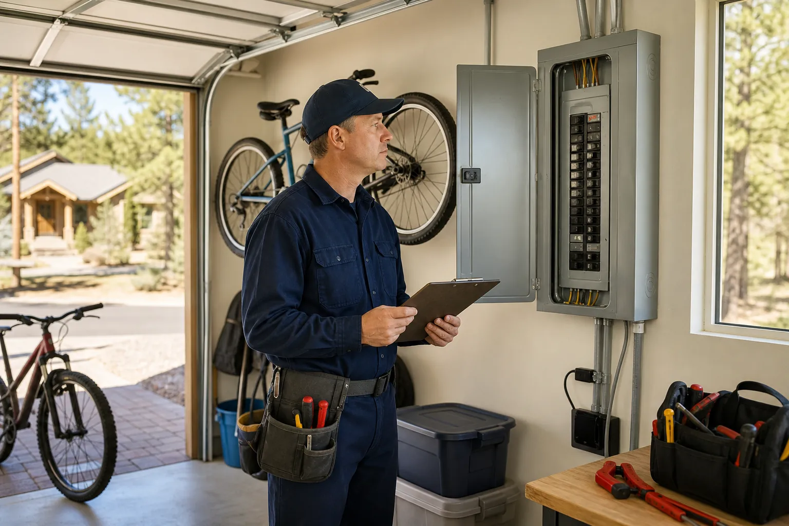 Electrician reviewing a residential electrical panel in a garage