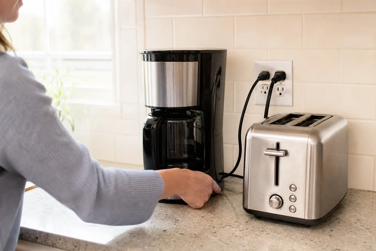 Kitchen appliances plugged into a wall outlet while a homeowner switches one off