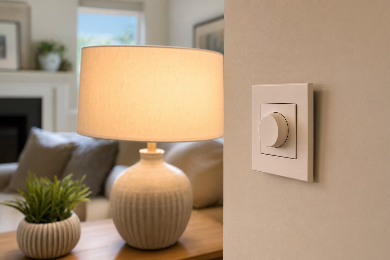 Dimmer control beside a glowing table lamp in a living room