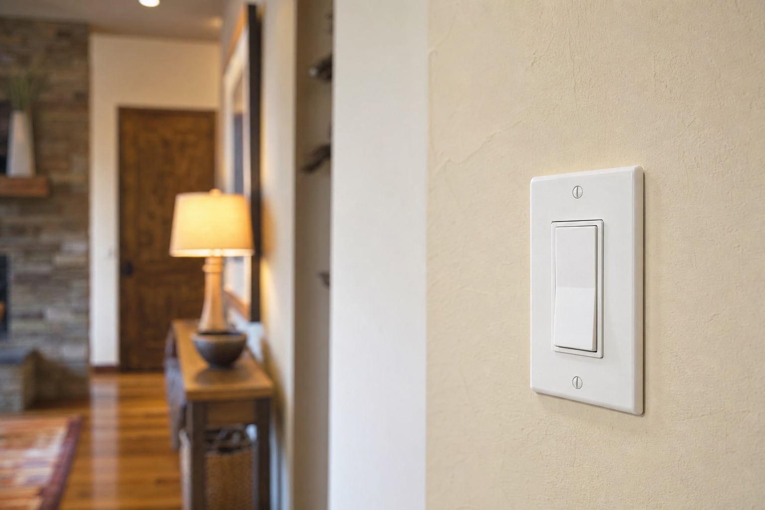 Modern white light switch in a softly lit home hallway