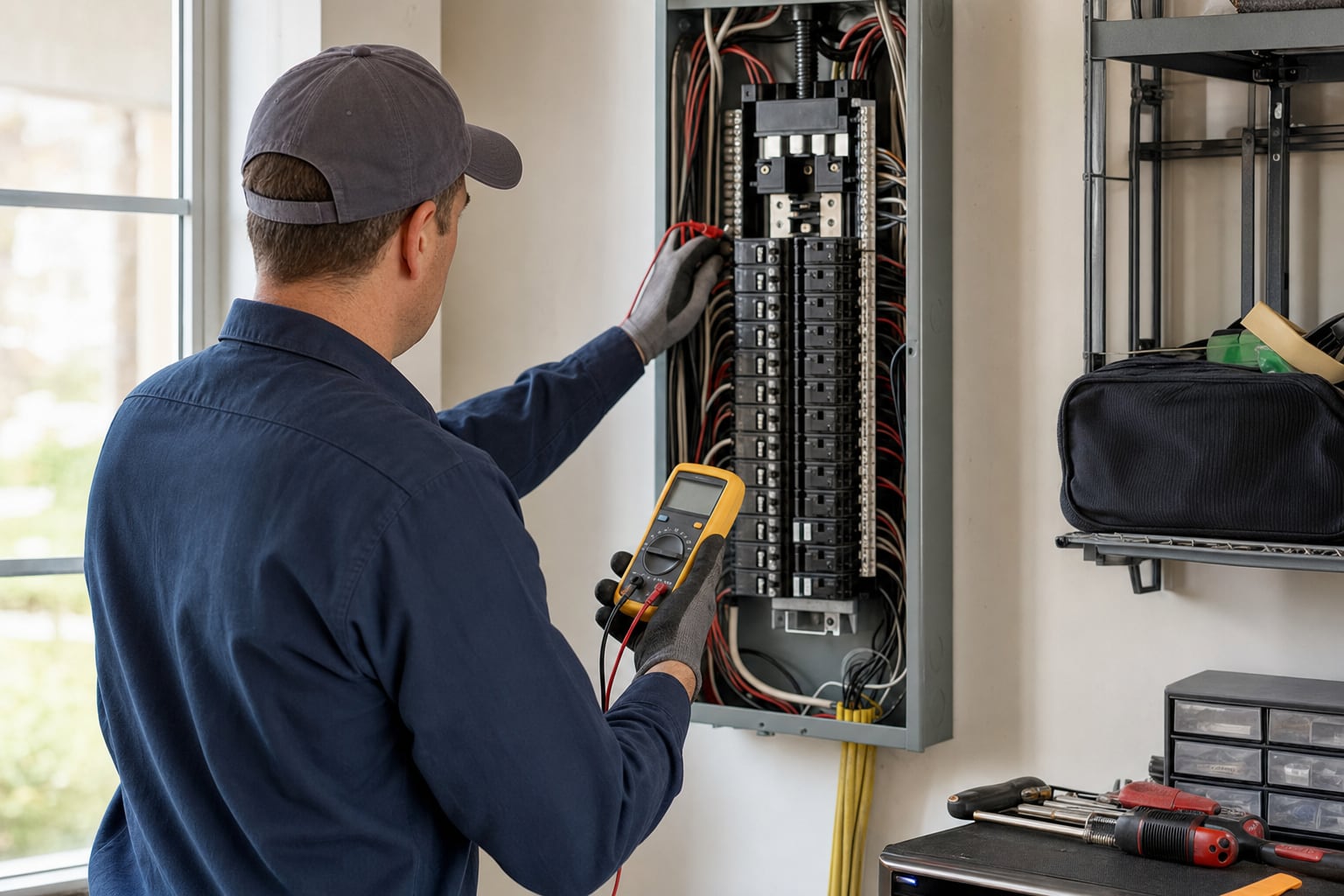 Electrician inspecting an organized residential electrical panel in a garage