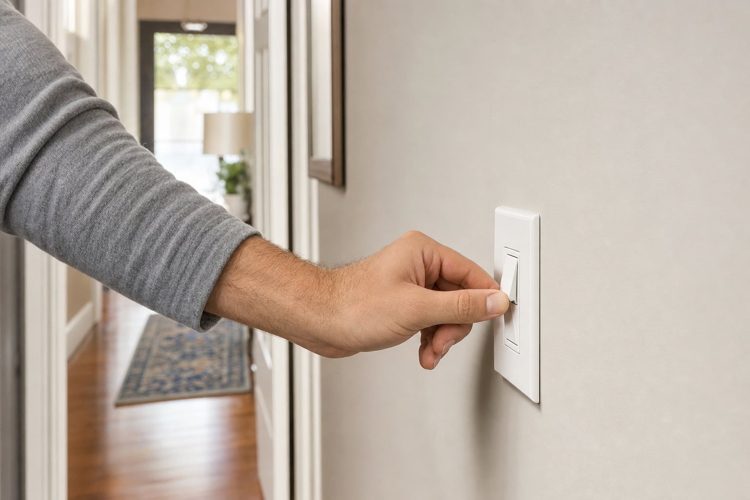Homeowner turning off an intact wall light switch in a hallway