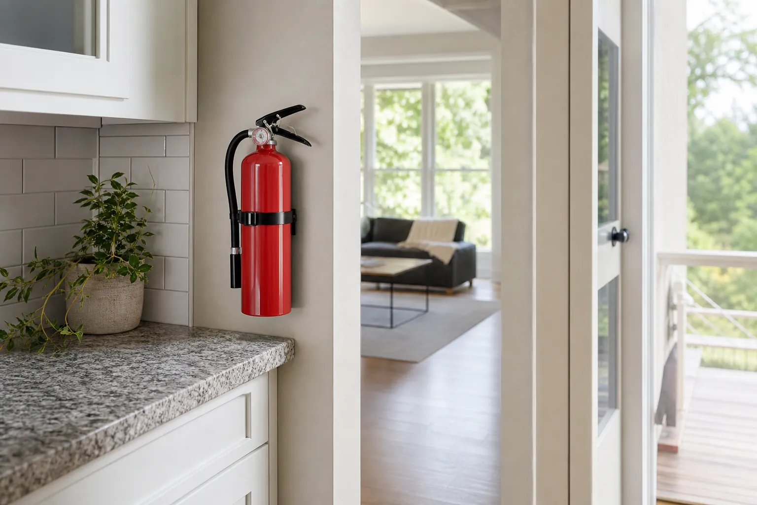 Multipurpose fire extinguisher mounted near a home kitchen exit