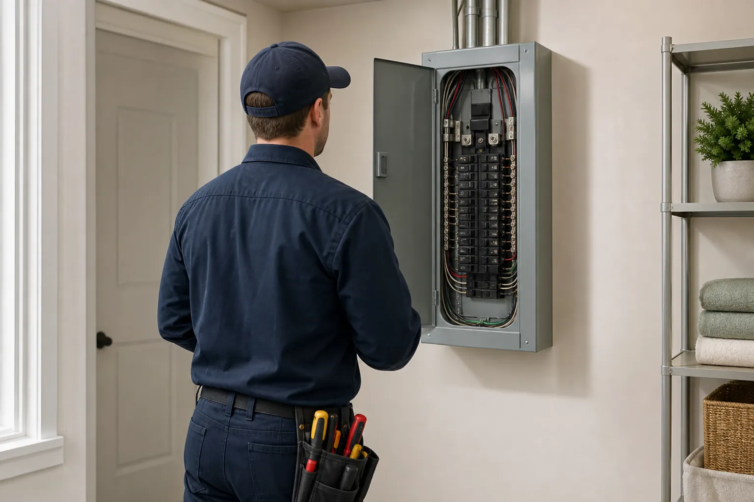 Electrician inspecting a residential electrical panel in a utility room